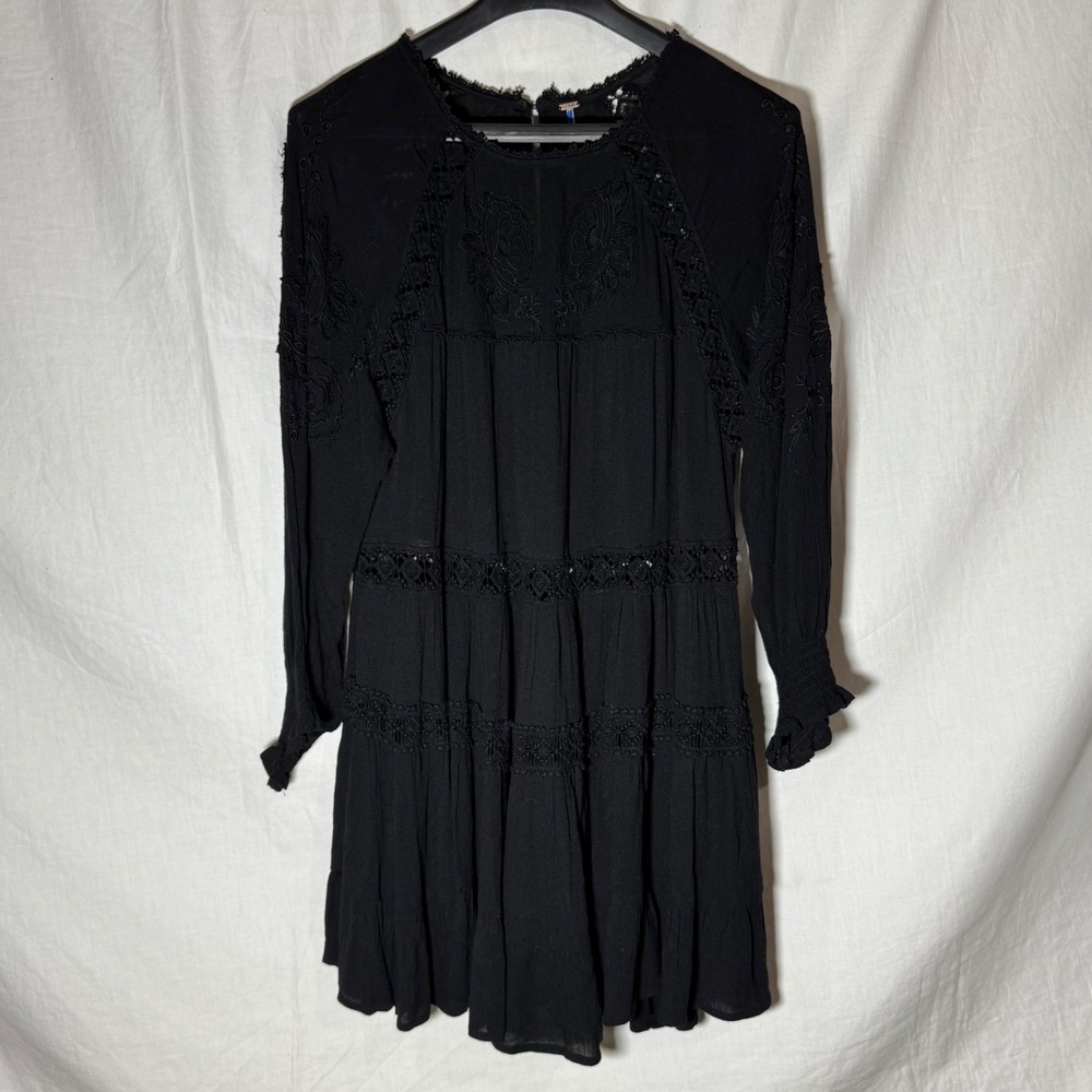 Free People Black Whimsigoth Embroidered Boho Mini Dress Size XS Long Sleeve